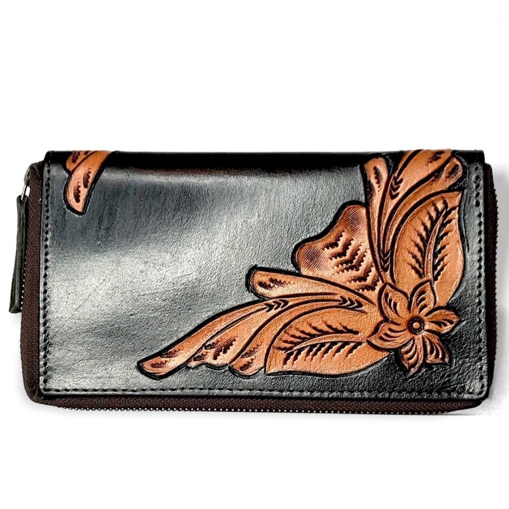 Leather Black and Tan Floral Hand Tooled Zip Wallet - Picture 3 of 5